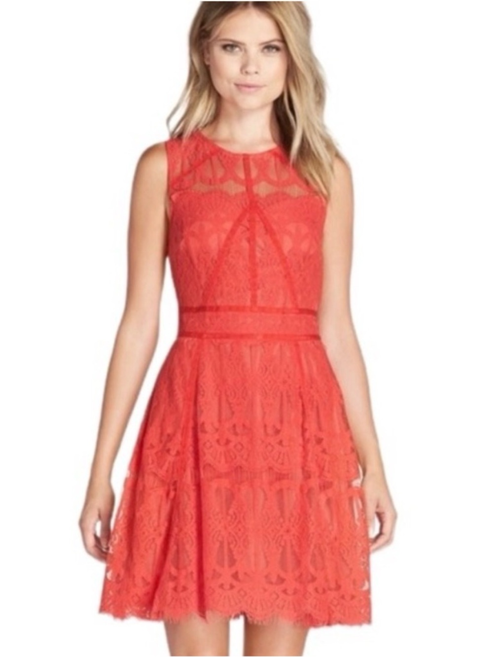 Adelyn Rae Coral Lace Fit-and-Flare Dress